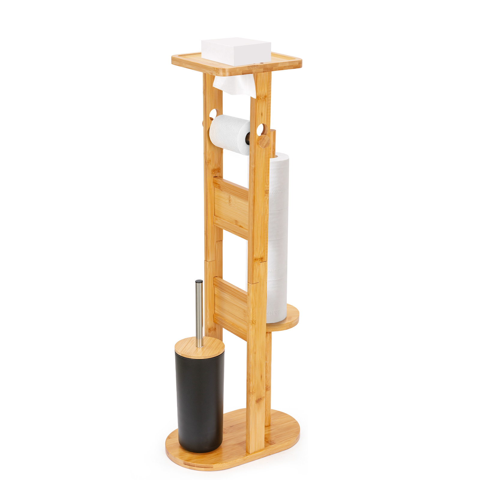 Freestanding Toilet Paper Holder With Shelf & Brush Set - Space- Bathroom Organizer Suitable For Small Bathrooms, Wood Roll Stand With Replacement Storage, Paper Dispenser For Or