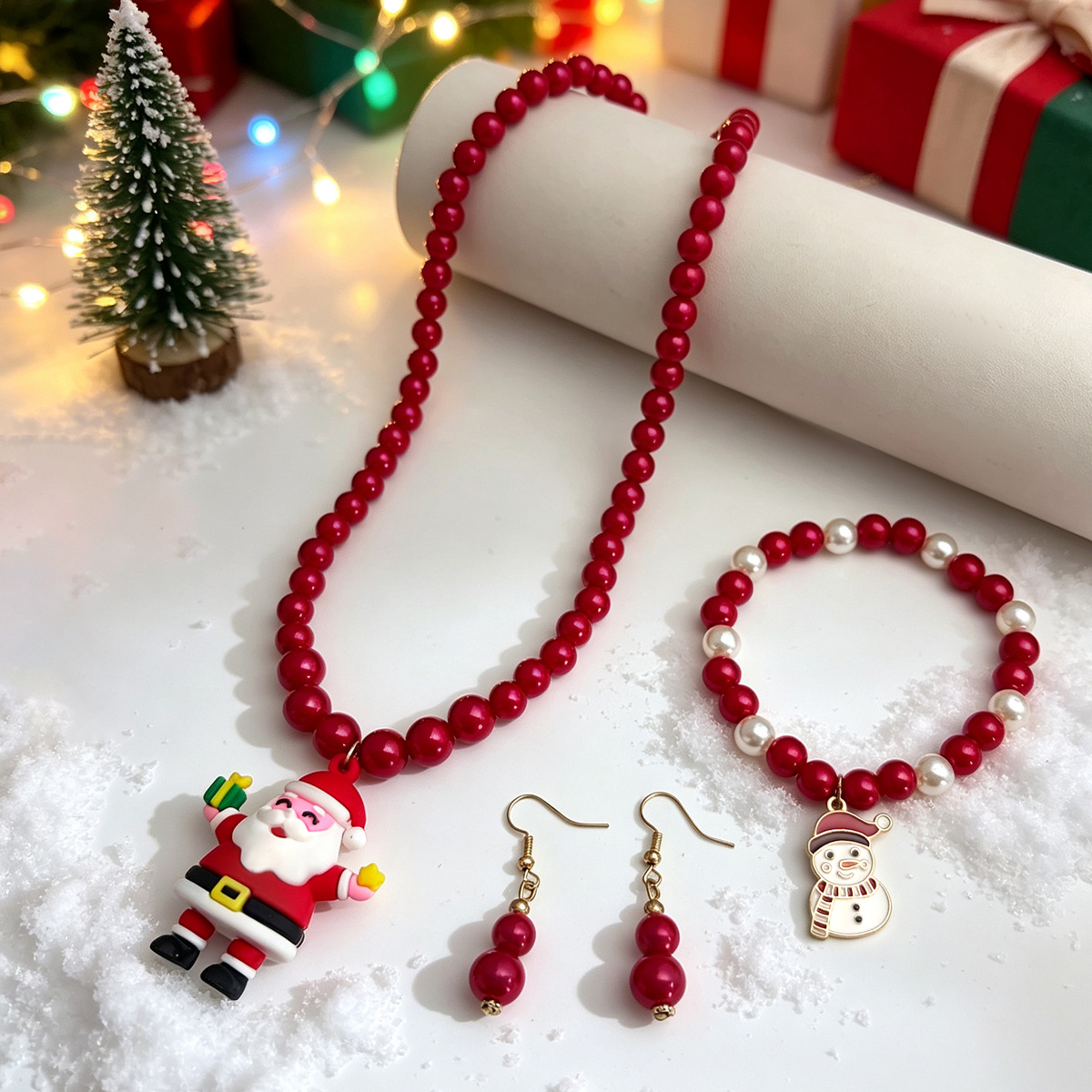 TEMU 4pcs Xscek Elegant Bead Set With Santa Claus Accessories - Resin Beaded Bracelet, Necklace & Earrings Suitable For Christmas Party Gifts, New