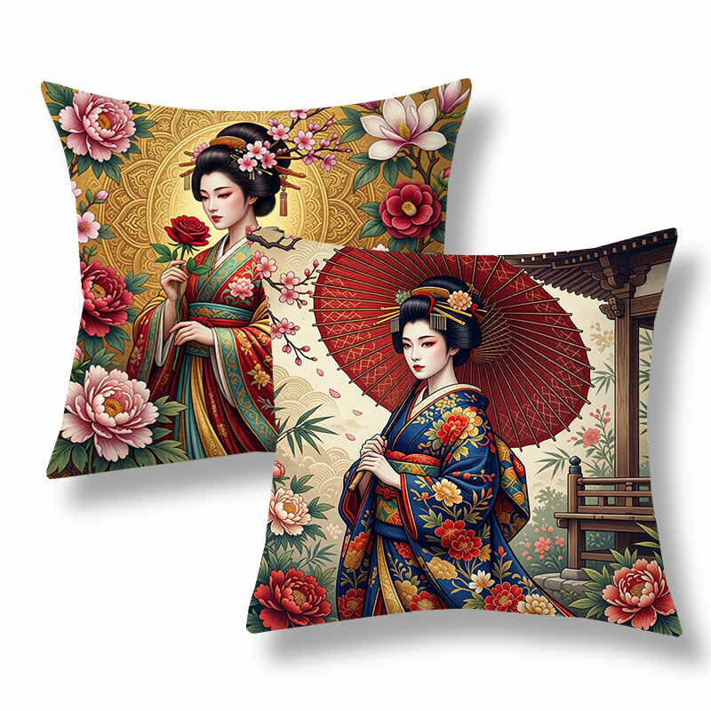TEMU 2 housses de coussin de style japonais, coussins décoratifs, motif geisha et floral. colorés. Housses de coussin polyvalentes pour canapé,