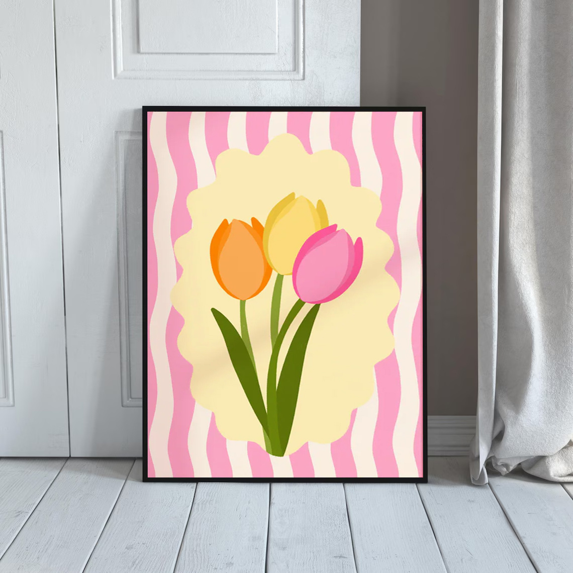 TEMU 2d Flat, 2d Flat, 1pc, Wall Art, Vintage Poster, Tulip Summer Art Print, Trendy Floral Striped Canvas Painting, Unique And Aesthetic Decoration,