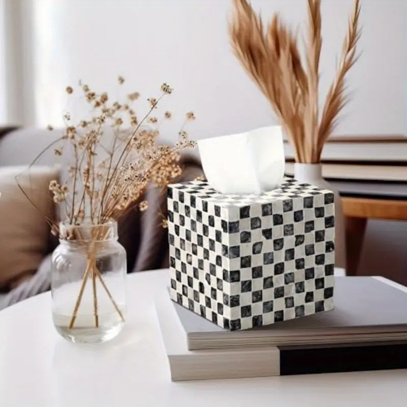 5 9 inch cube tissue box cover elegant black white checkerboard pattern large opening easy refill design fits standard 5 tissue boxes for bathroom living room office kitchen decor organizer acacia wood construction Product details 2