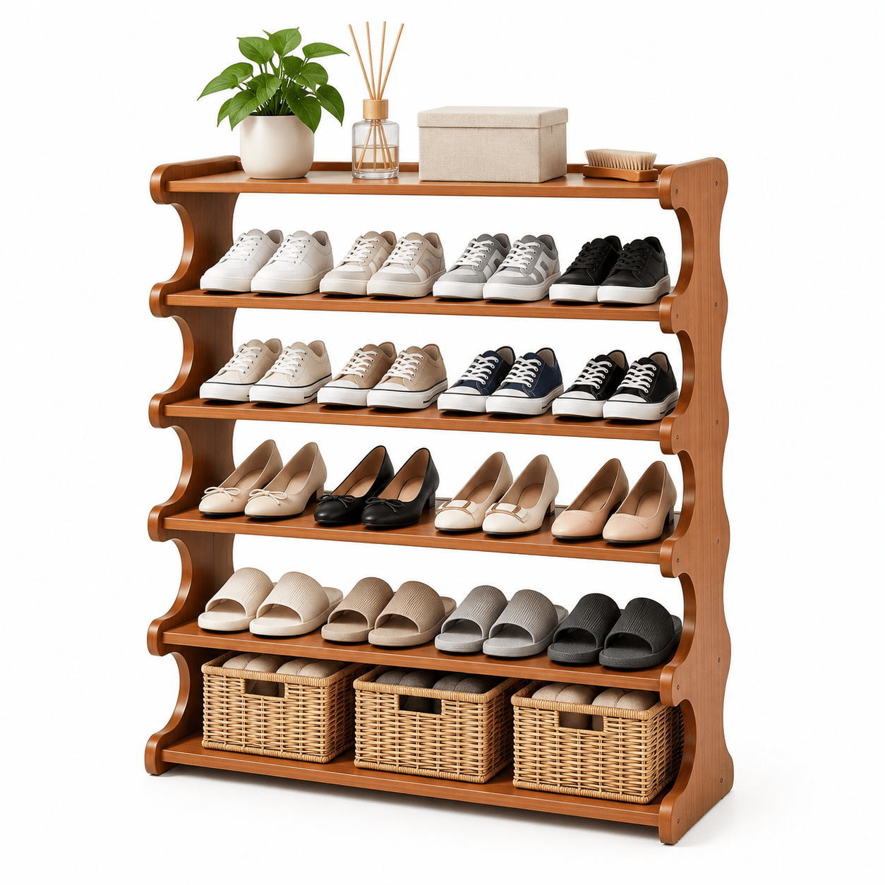 TEMU 3-tier/5-tier/6-tier Natural Bamboo Shoe Cabinet - Modern Curved Frame Vertical Shoe Rack Organizer With Curved Shelves, Freestanding -standing