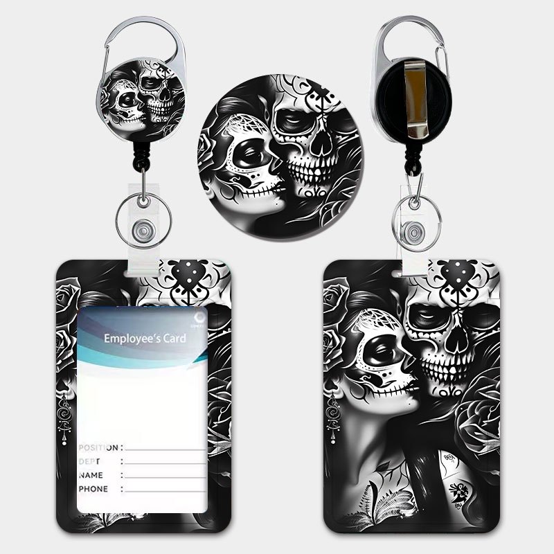 TEMU Skull Couple Tattoo-style Black And White Rose Print Id Card Holder With Pull-tab Retractable Lanyard And Keychain, Durable Plastic Card Holder.