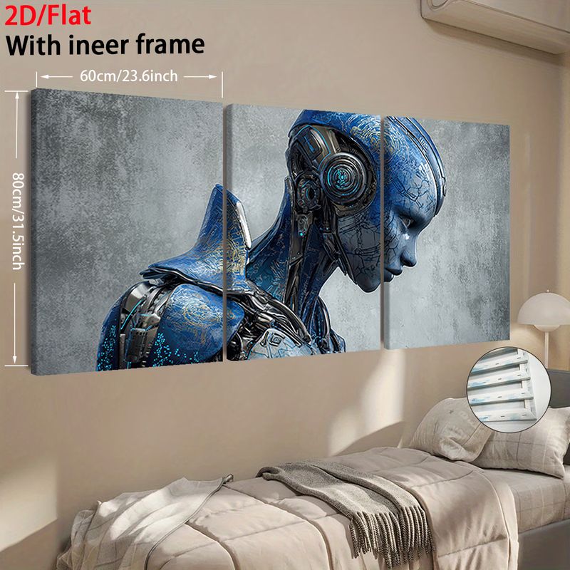 Combinación de arte en lienzo con marco de madera envuelto plano 2D, 2D plano, 2D/plano de 3 piezas, lienzo triptico de retrato de mecha de ciencia ficción azul, adecuado para la decoración de la sala de estar y el dormitorio, obra de arte de estilo industrial moderno, ideal para regalar en vacaciones, combinación de tendencias para el hogar occidental