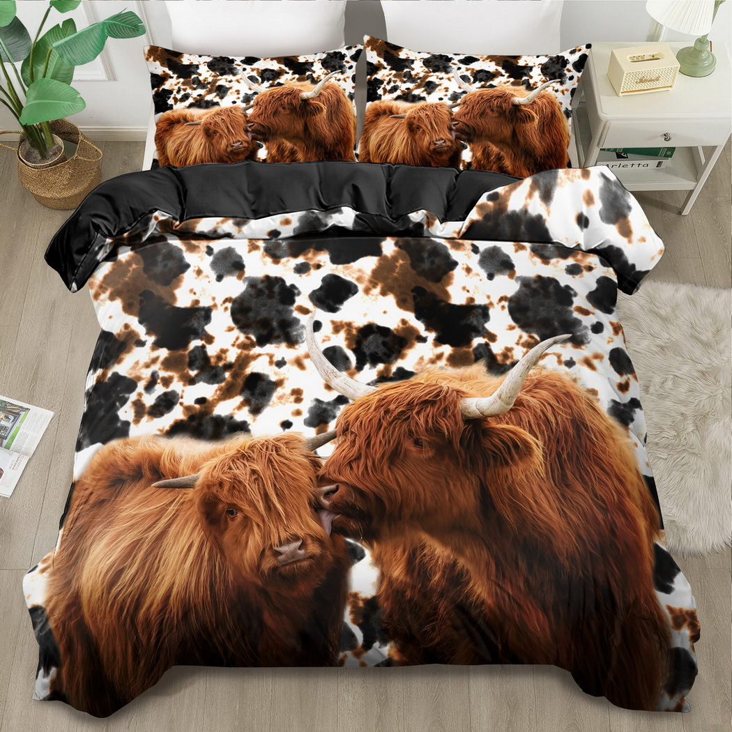 

2/3pcs Highland Cow Print Duvet Cover Set - Soft Breathable Polyester Bedding With , Zipper Closure, Machine Washable, Includes 1 Duvet Cover And 1 Pillowcases (no Insert)