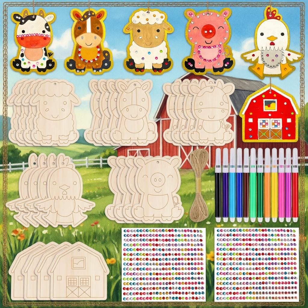 Image of 39pcs Farm Theme Craft Set For +, Unfinished Wooden Ornaments With Markers, Stickers And Twine - Creative Painting Activity For Birthday Party, School Project, Easter Basket Stuffers - Farmhouse Decor