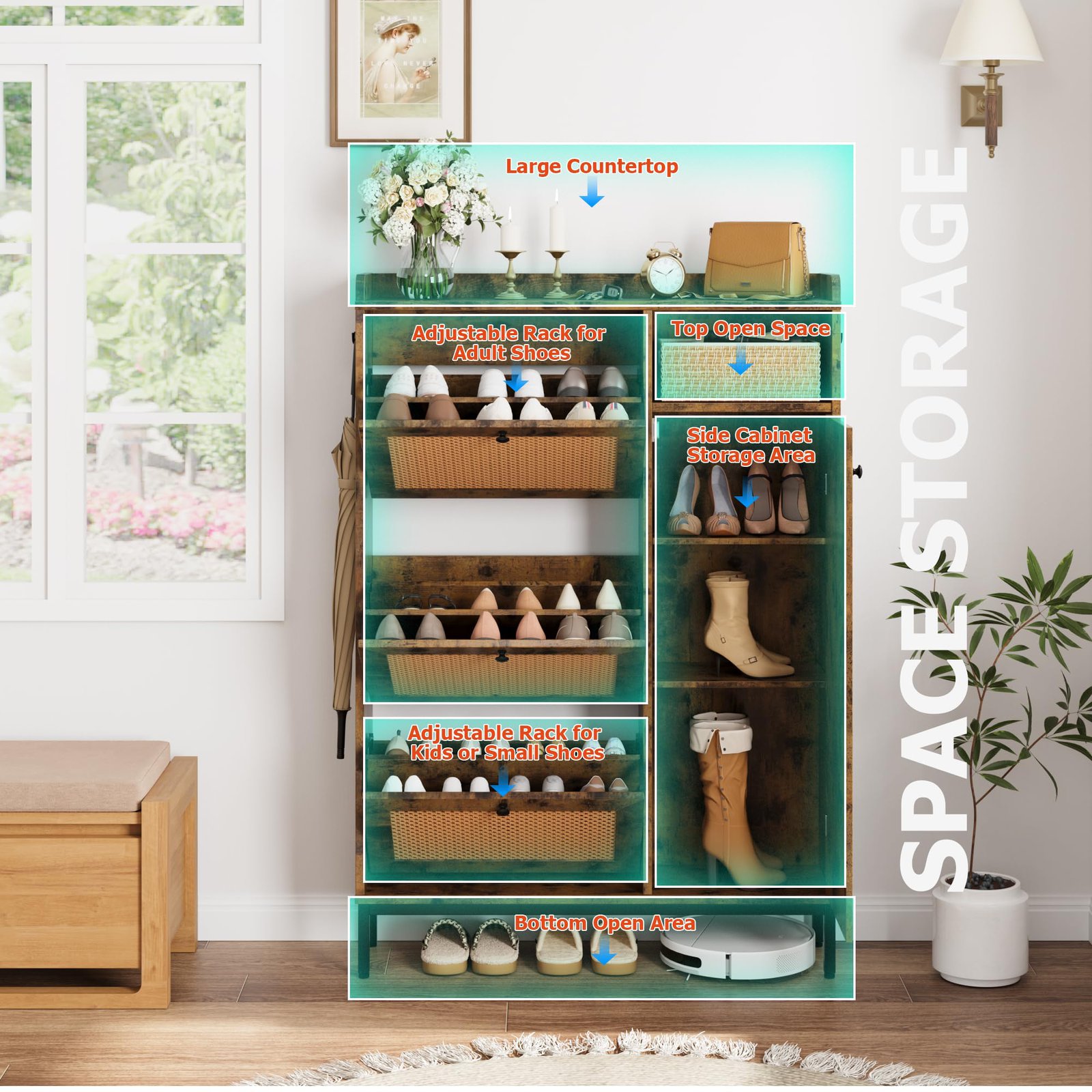 Image of Freestanding Rattan Shoe Cabinet - 3 Drawers, 4-tier Adjustable Shelves, Narrow Entryway Shoe Organizer, Space-, Easy Assembly - Retro Color