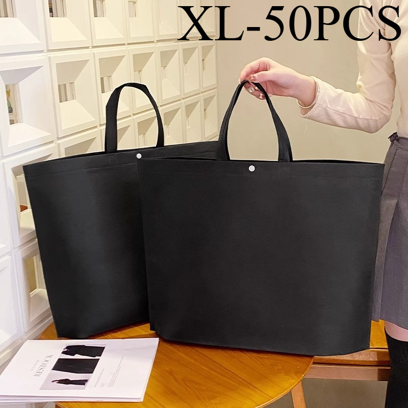 TEMU Gift For Her/him Set Of 50 Black And White Foldable Tote Bags Made From Non-woven Material, Featuring A Dark Button Closure, Sturdy Handles, And