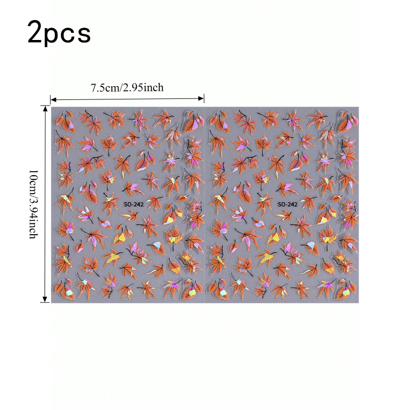 TEMU 2pcs Holographic Maple Leaf Nail Stickers, Self-adhesive Autumn Maple Leaf Decals With Iridescent Gradient Effect, 3d Leaf Nail Stickers,