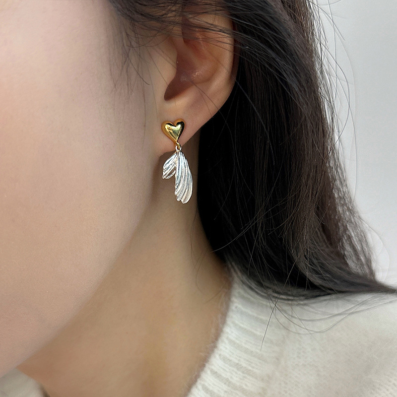 Golden Silvery Heart Leaf Pendant Earrings for Women