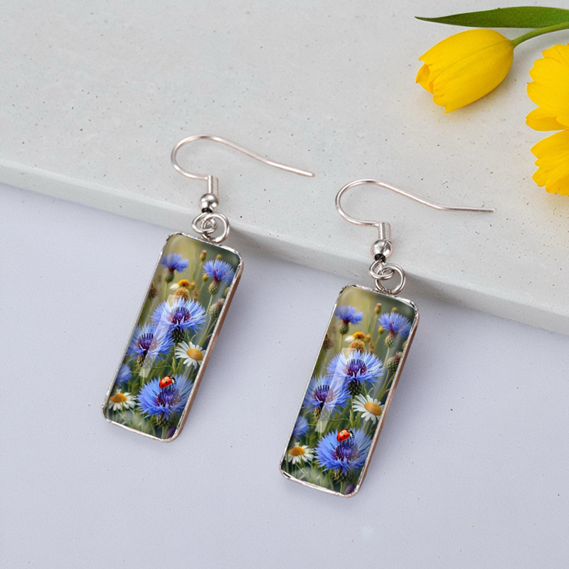 Fashionable Water Drop Earrings with Wheat Fields And Blue Flowers
