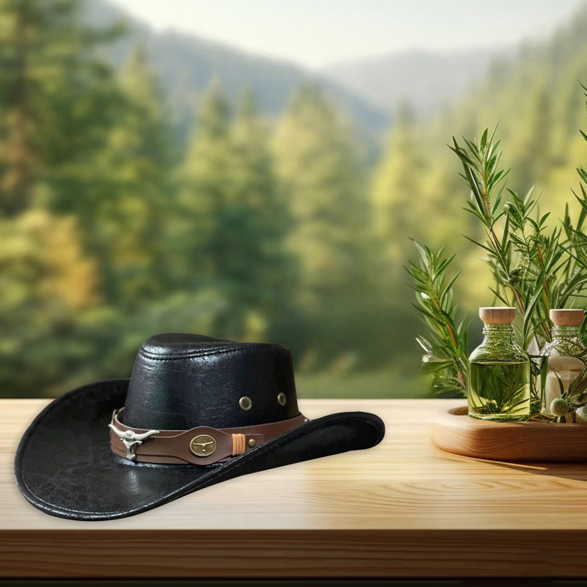 traditional chocolate brown faux leather cowboy hat - Temu display picture 3