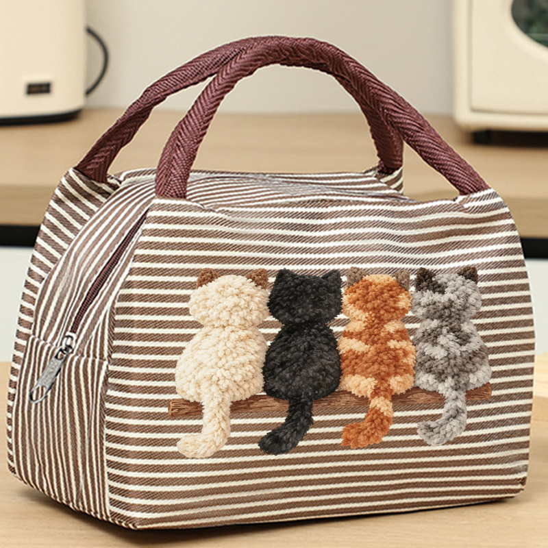 TEMU Plush Tree Branch Cat Silhouette Striped Printed Handbag, Lightweight Fabric Tote Bag, Large Capacity Portable Storage Bag, Shopping And