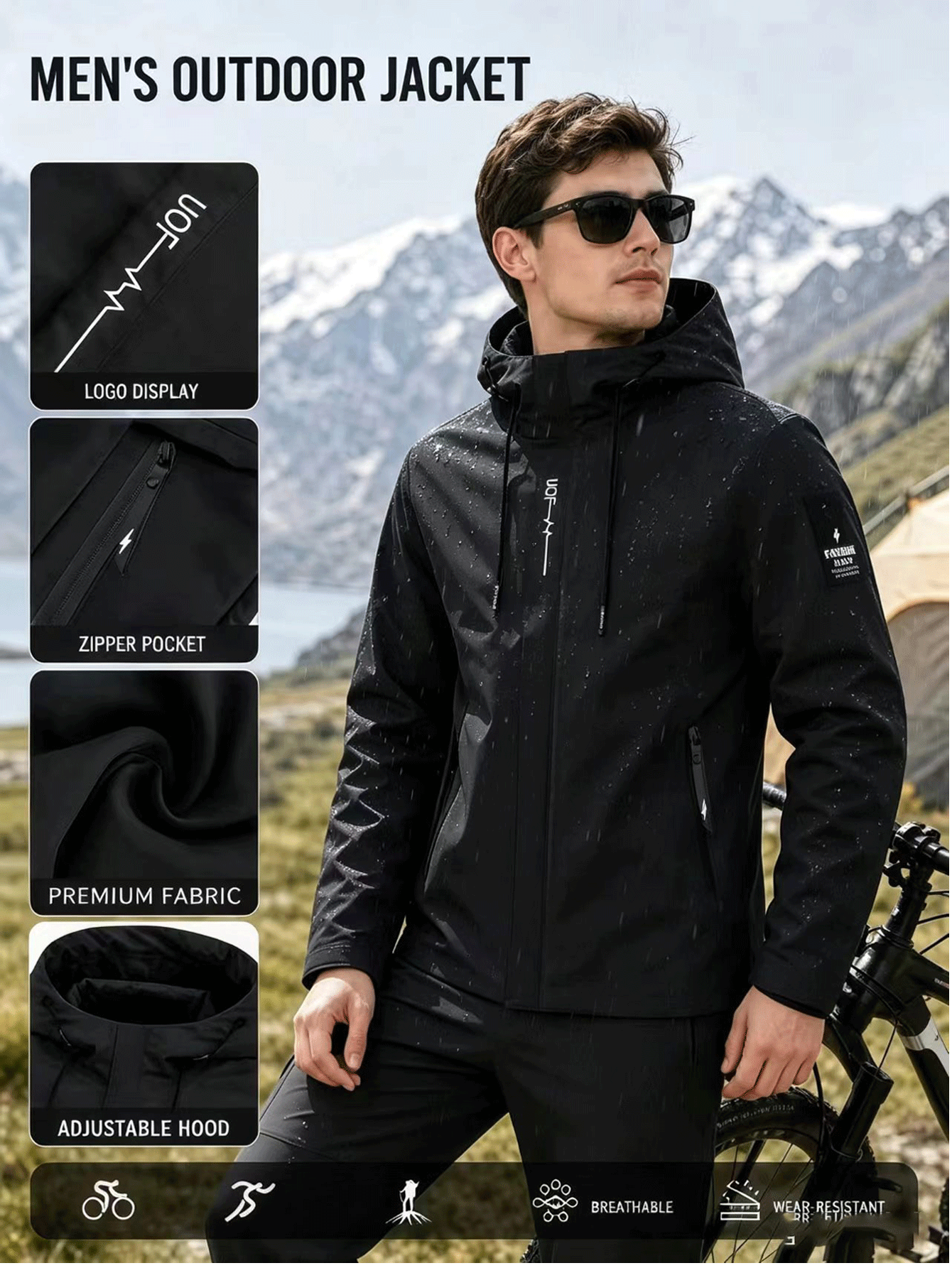 Men's Plain Print Full-Zip Hooded Jacket for Outdoor Activities