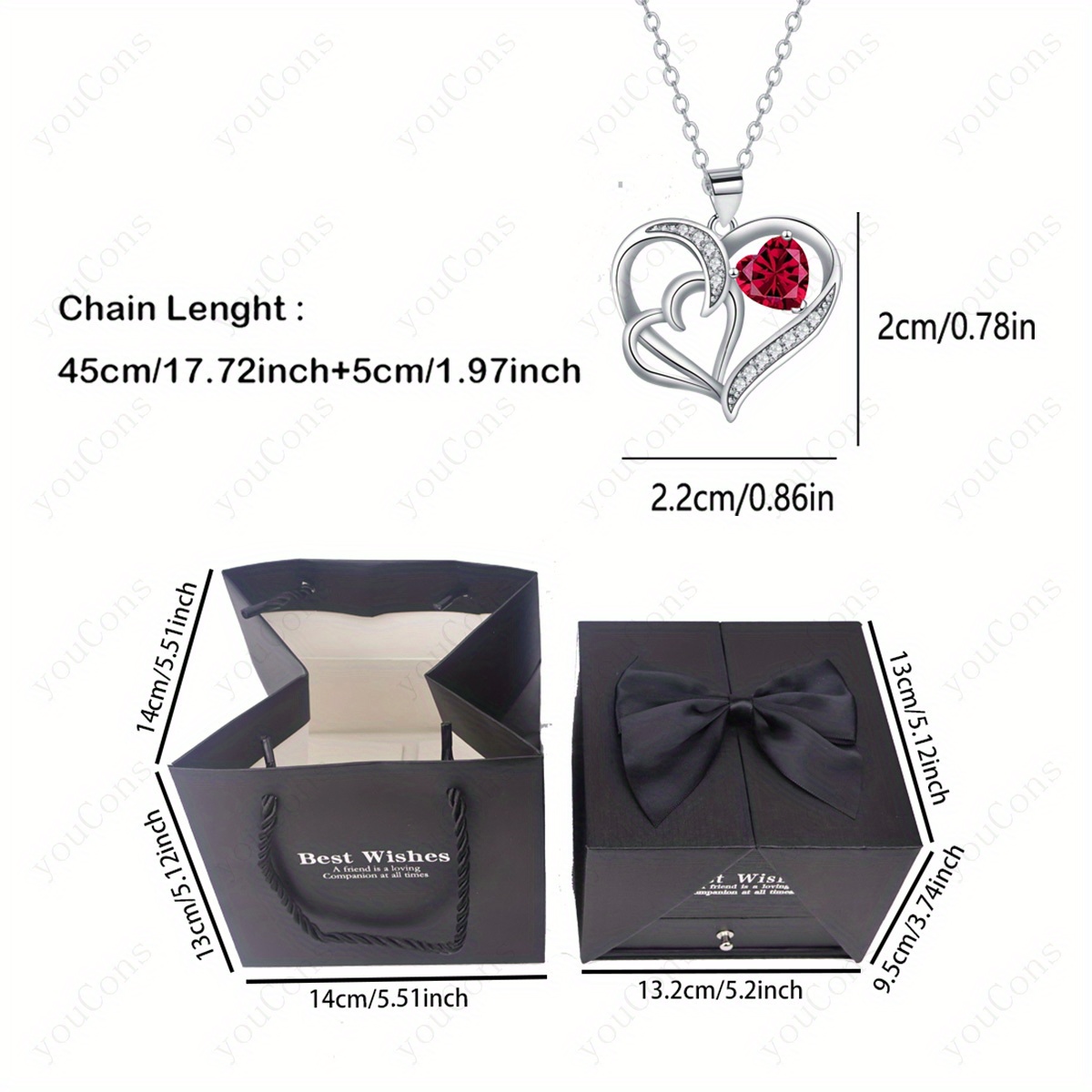 Red Synthetic Zirconia Double Heart Pendant Necklace Gift Set