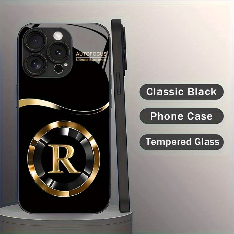 Minimalist Golden Lucky Letter R Pattern Glass Phone Case for iPhone 16/ 16Plus/ 16Pro/ 16ProMax 15/ 15Plus/ 15Pro/ 15ProMax/ 14/ 14Plus/ 14Pro/ 14ProMax/ 13/ 13Pro/ 13ProMax/ 12/ 12Pro/ 12ProMax/ 11/ 11/ 11Pro Max/ x/ xs/ xr/ xs max/ 7/ 8/ 7 Plus/ 8 Plus