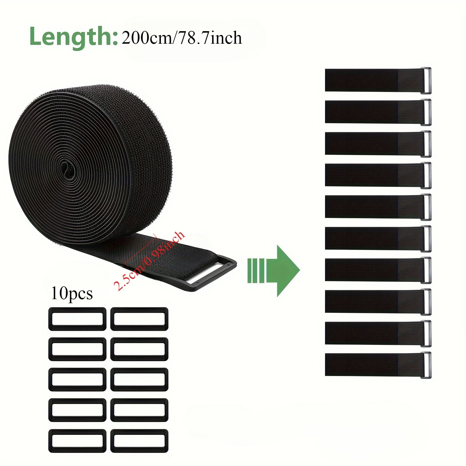 TEMU Ruban adhésif double face de 200 cm + 10 boucles en plastique, attaches de câble réutilisables coupables à la longueur souhaitée, attaches de