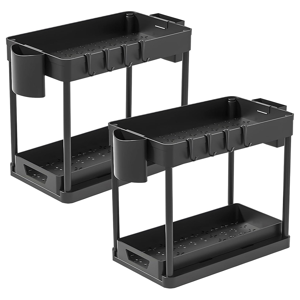 TEMU 2pcs Set, 2-tier Pull-out Storage Rack With Hooks And 5 Chopstick Holders - Storage Box, Organizer Rack, Multi-functional Drain Rack Organizer