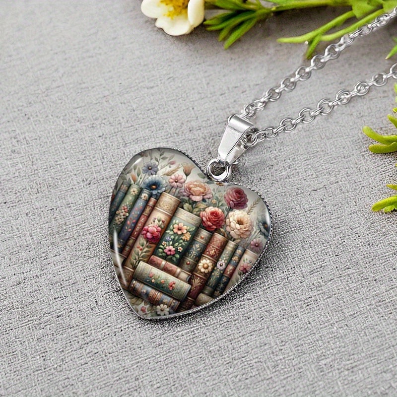 TEMU Un accessoire fait main pour homme comprenant un collier de cœur avec une pendentif en verre et un livre sur le thème floral