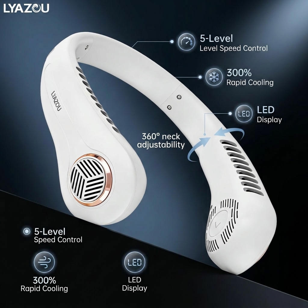 Image of Lyazou 2026 New Upgraded Portable Neck Fan, With Electroplated Decorative Plate Neck Fan, Built-in Lithium Battery Usb Rechargeable, Display Five-speed Wind Adjustment, 18 Outlets Silent Large Wind