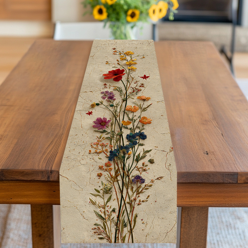 E-shop Tischläufer, Tischdecke, Wildblumen-Design mit natürlichem Riss-Hintergrund, neutrale Farbtöne, für Muttertag, Geburtstag, Hochzeit, Jahrestag,