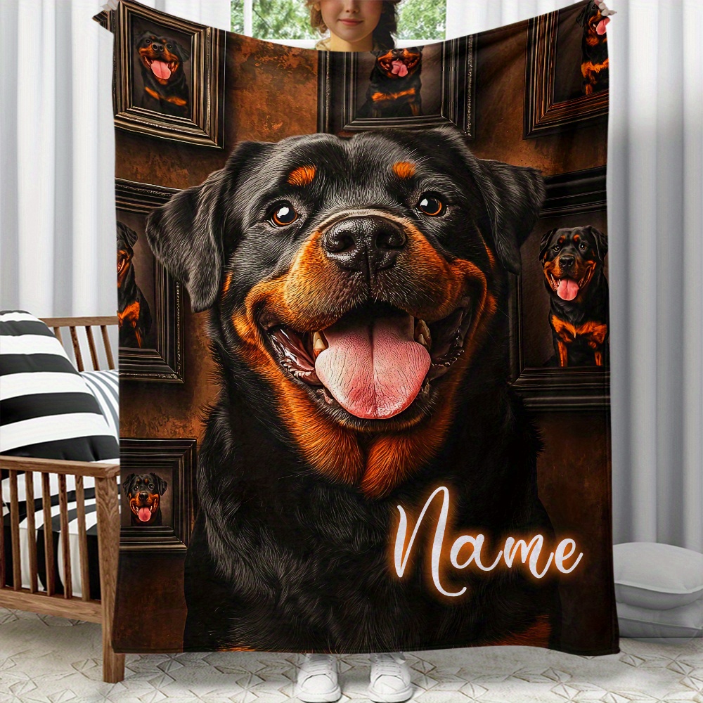 

Customizable Rottweiler Dog Print Flannel Throw Blanket, Style, , Theme, Tear Resistant, , With Personalized Name, For Sofa, Bed, Travel, Camping, Office - Soft And Warm Polyester Knit