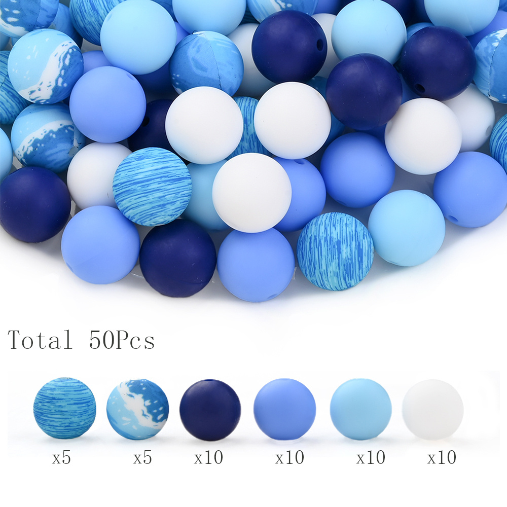 E-shop 50 Stück Blaue Silikonperlen-Set, Bedruckte Uni-Farben Perlen-Kombination, Bastelzubehör für DIY-Armbänder, Handy-Anhänger Taschenanhänger