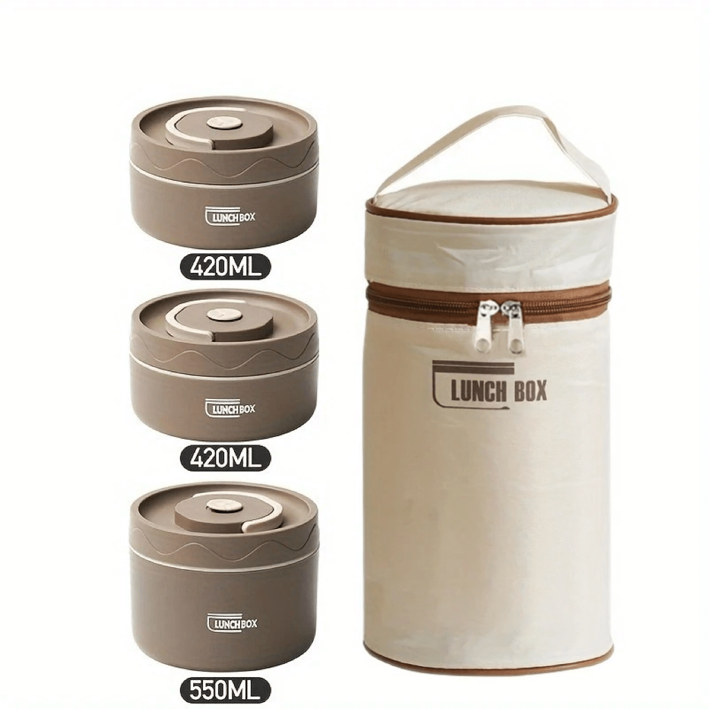 Image of 3-compartment Thermal Lunch Box Set With 3 Stainless Steel Bowls & Leakproof Pp - 304 Stainless Steel Food Container For School, Office, Travel - Compatible With Thermal Bags/microwaves For & Meals