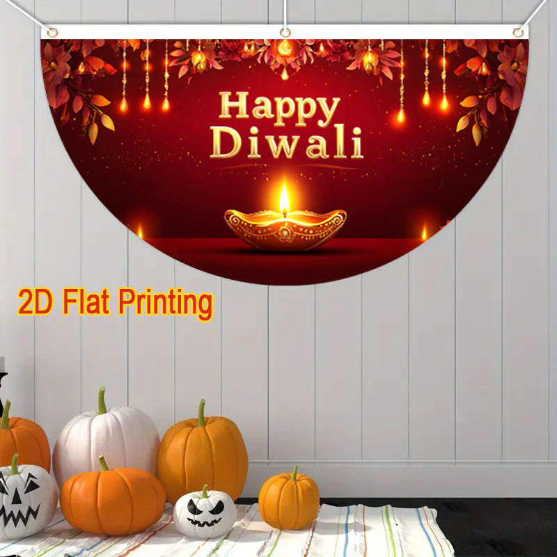 TEMU 2d Flat, ()1pcs, Happy Diwali With Oil Lamp Pattern (2) - 2d Flat Semi-circular Garden Fence Courtyard Decoration Flag 17.7x35.4 Inches, Outdoor