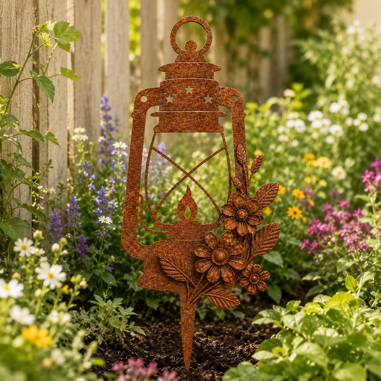 Image of 【3d】 Rustic Vintage Lantern Stake, Hollow Star Cutout Oil Lamp Yard Spike, Retro Metal Lawn Ornament, Farmhouse Pathway Flower Bed Decor, Warm Rustic Gift For Outdoor Gardening Enthusiasts