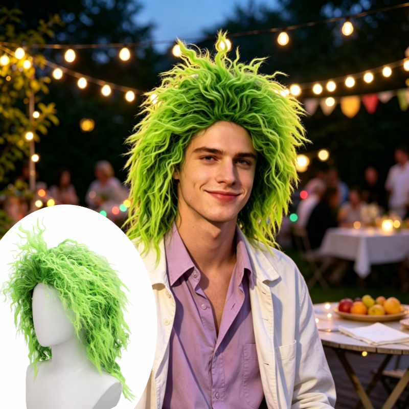 TEMU Unisex Costume Wig, Long Bubble Shoulder-length Hair Style, Green Black Highlight Look, Suitable For Halloween Costumes, Role-playing Cosplay,