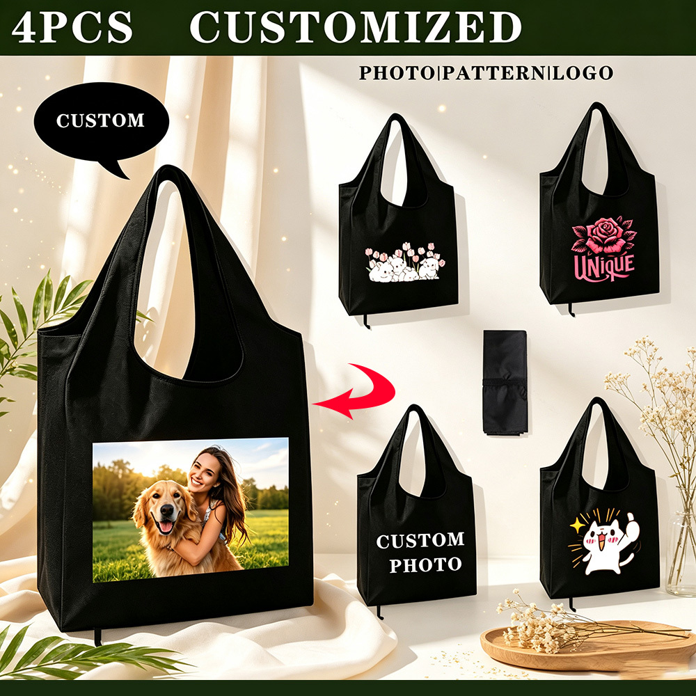 TEMU 4pcs Custom Print Shopping Tote Bags, Personalized Logo/pattern Reusable Bags, Options For Business Advertising & Daily Occasions
