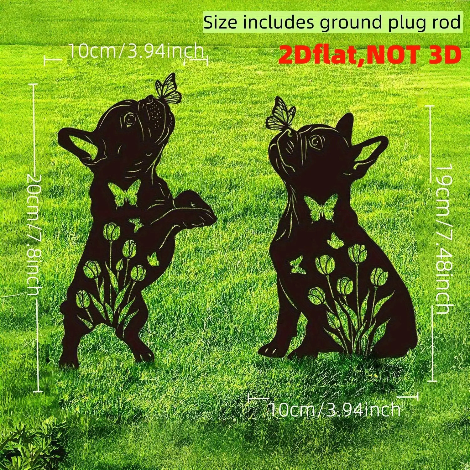 E-shop 2D-Flach, 2 Stk. Outdoor-Gartendekoration aus Metall für Hunde, Geschenk für Französische-Bulldogge-, schwarze Metall-Silhouette-Gartenstecker,