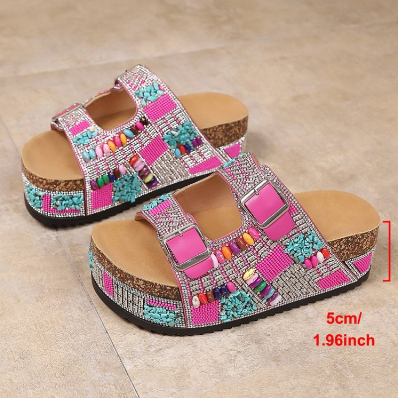 Bead Full Dual Hollow Wide Band Cork Cushion Wedge Slides Outdoor Shopping Soft Versatile , Women Shoes
