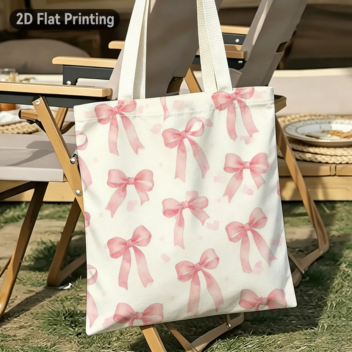 TEMU 2d Flat 1pc Watercolor Pink Bows Durable Tote Bag, Duplex Prints Delicate Pink Ribbon Bows, Ideal For Grocery Shopping, Beach Trips, , For ,