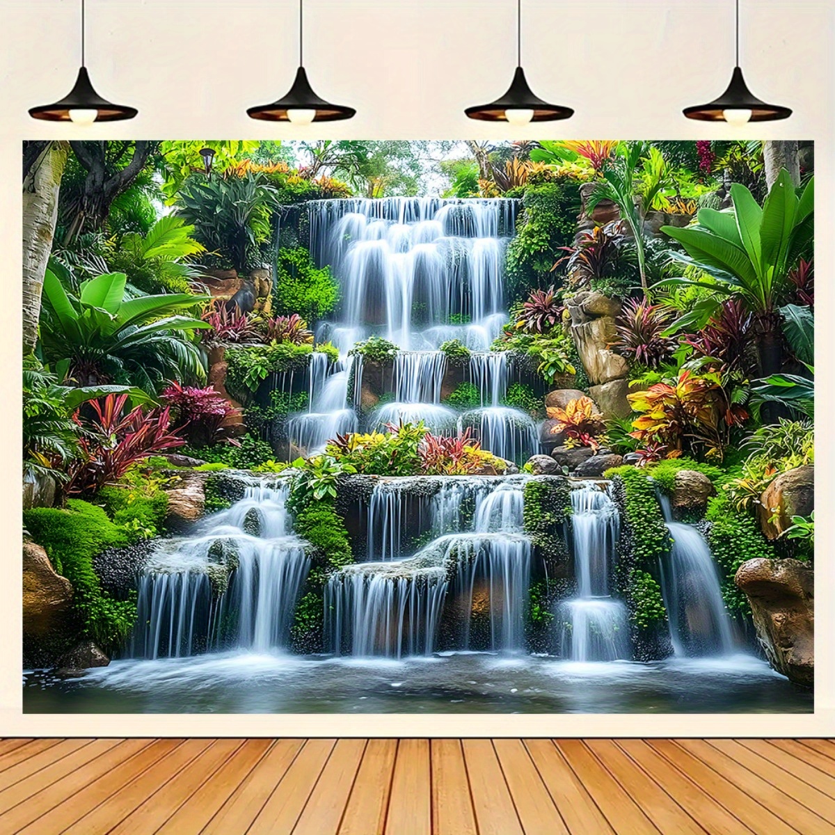 TEMU 1pc Extra Large Waterfall Backdrop Banner - Vibrant Tropical Scene With Greenery & Cascading Waterfalls - Perfect For Photo Booths, Birthdays,