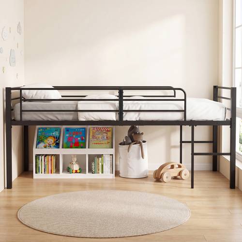 twin size low loft bed heavy duty metal bed frame with safety 2 ladders space saving slats support loft bed for boys girls junior under bed space spring needed