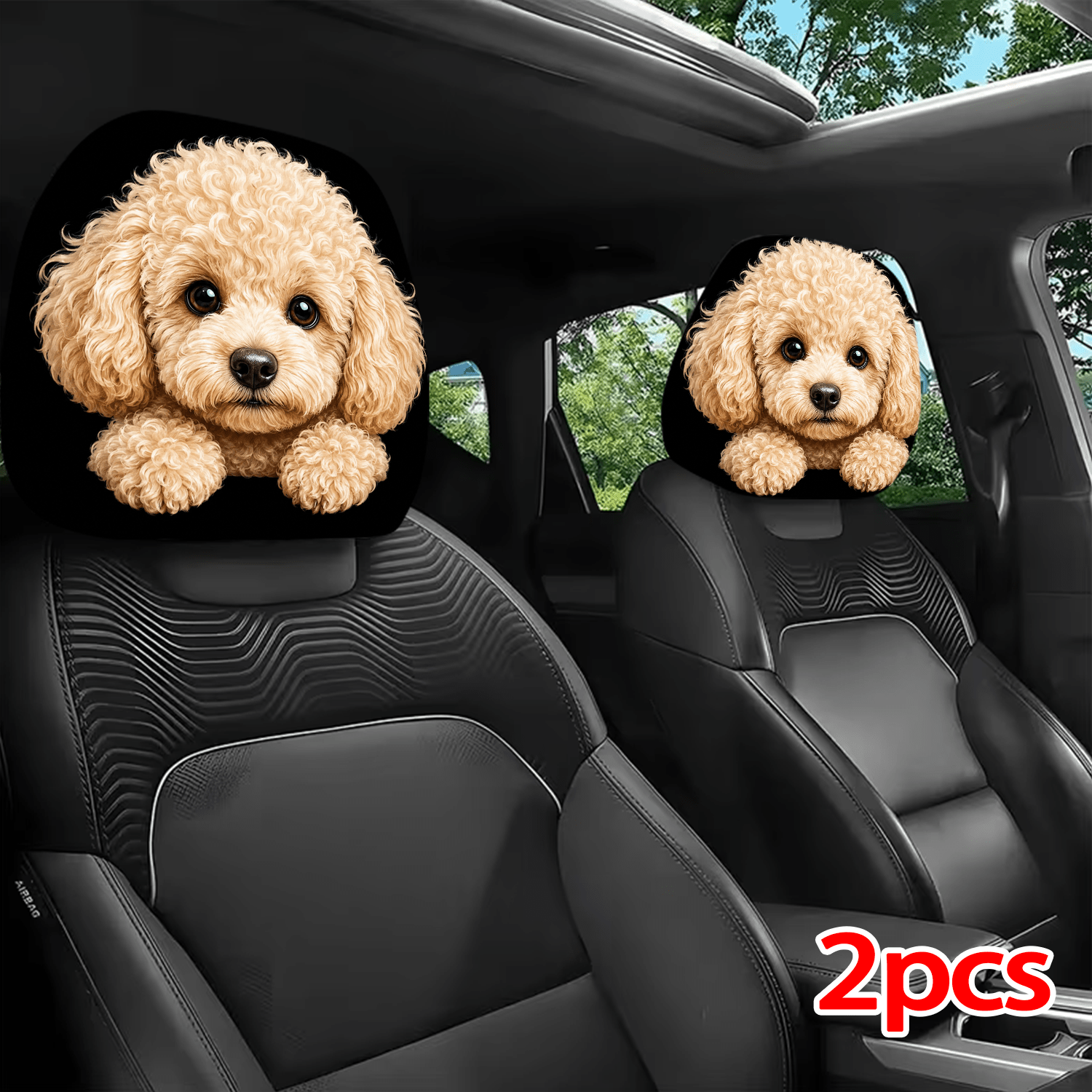 TEMU 2pcs Printed Pattern Car Headrest Covers, Adorable Fluffy Poodle Interior Decoration, Universal Fit Installation, For Interior Accessories,