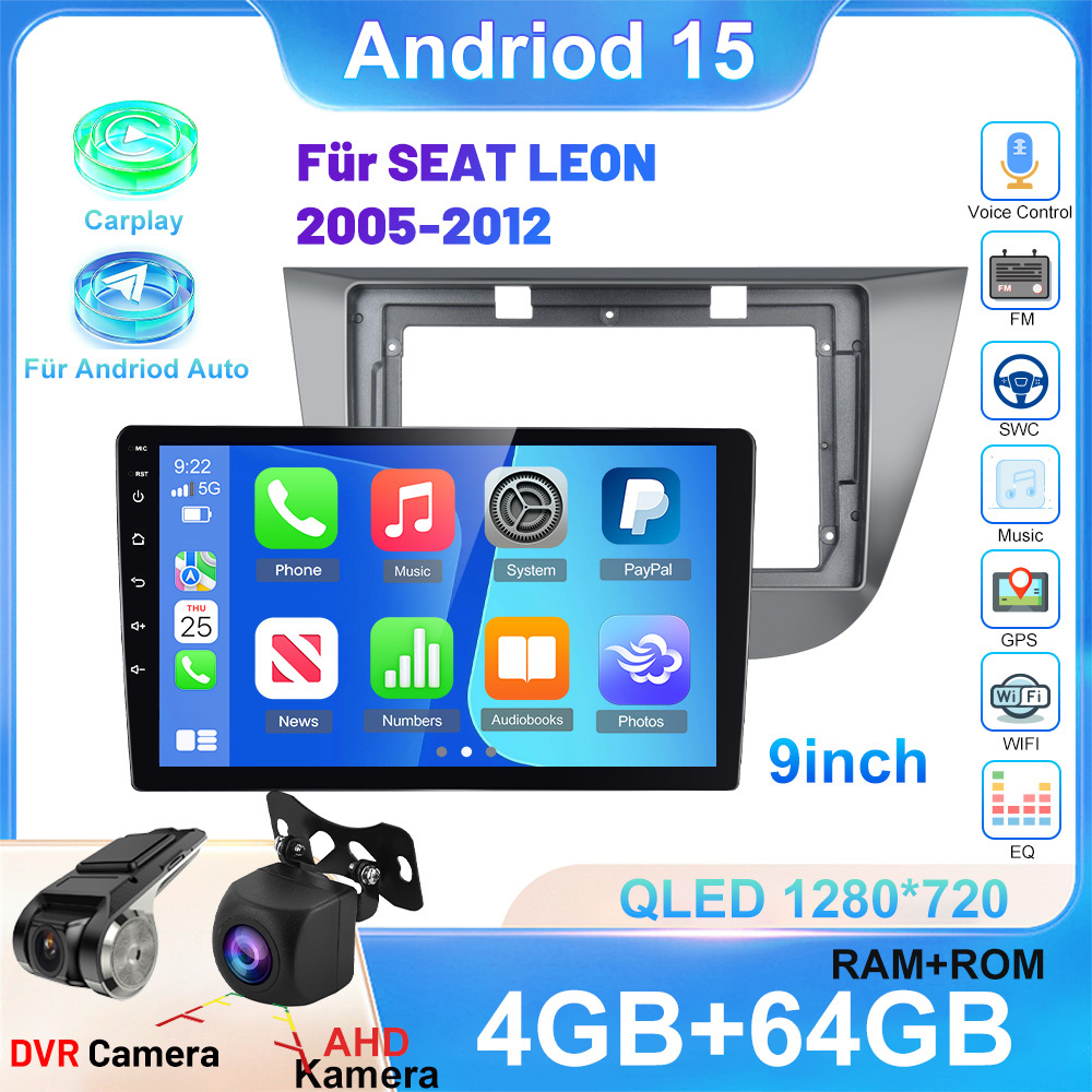 4+64g 15 Car Radio For 2005-2012 (left-hand Drive) With / Car/.9 Inch Hd Touchscreen Supports Dsp Wifi Gps Wireless 5.0 Fm/rds 32eq + Ahd Backup Camera+ Car Frame +dvr Camera