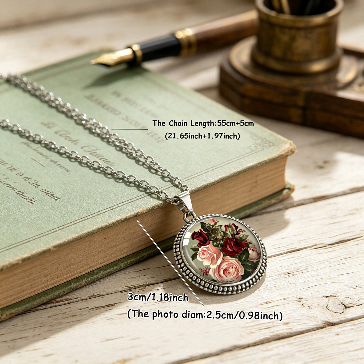 European Classical Rose Bouquet Printed Round Pendant Necklace, Valentine's Gift