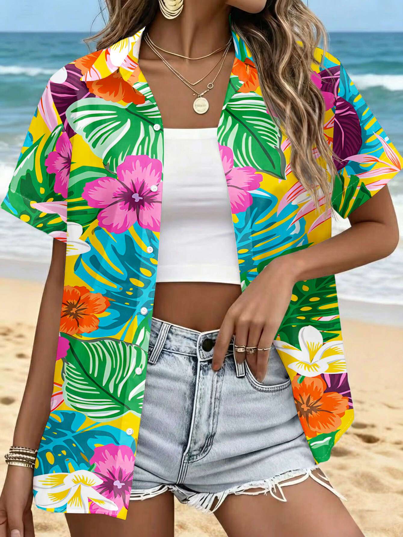 new womens short sleeve shirt with   base and vibrant tropical flower leaf flat print design versatile casual top for daily commuting machine washable button printed shirt gdd