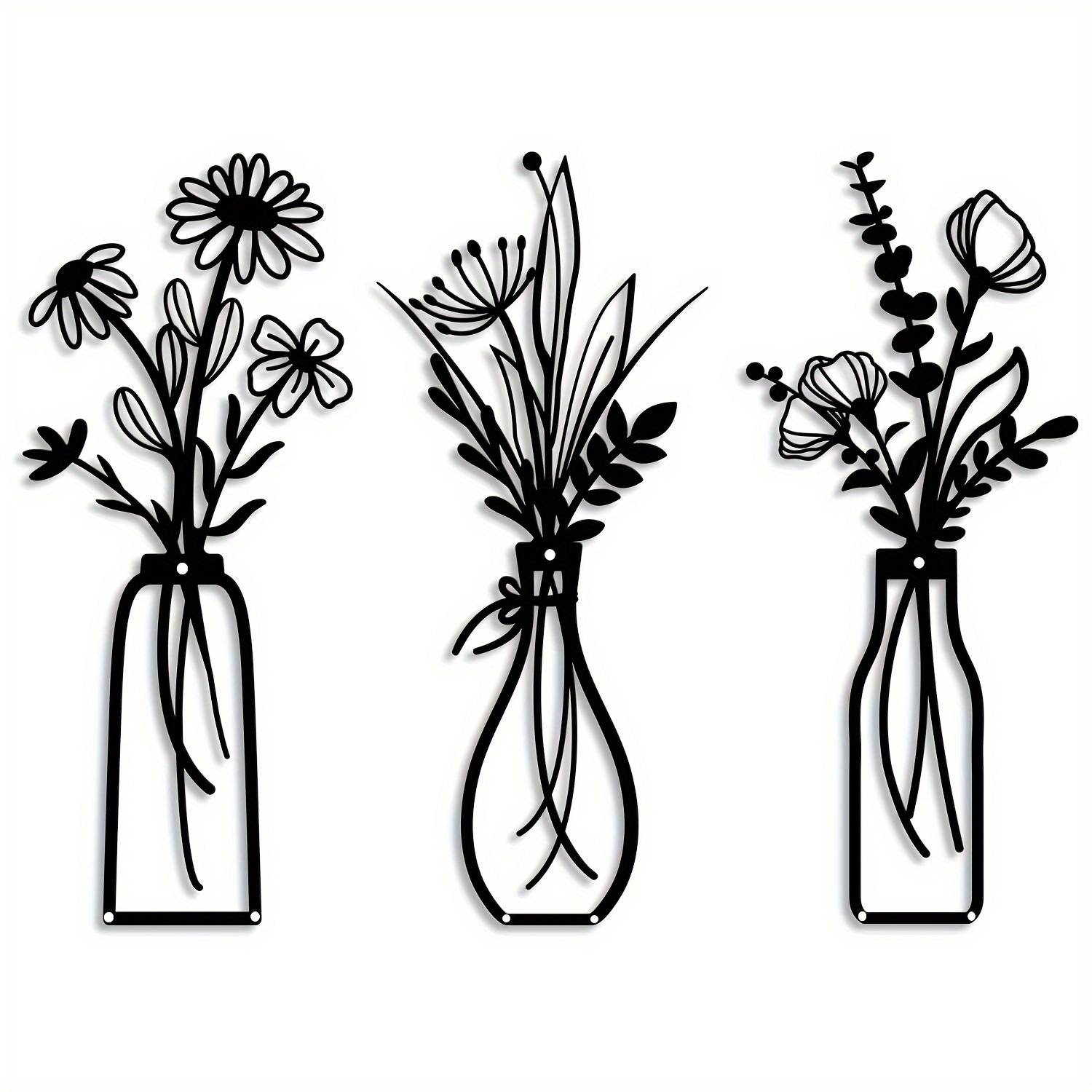 Image of [2d Flat] [2d Flat] 3pcs Black Acrylic Floral Wall Art Set, Vase Acrylic Outline - Minimalist Decor For Living Room, Bedroom, Bathroom And Dining Room - Reusable, Gift, Multi-surface Mounting - Gift