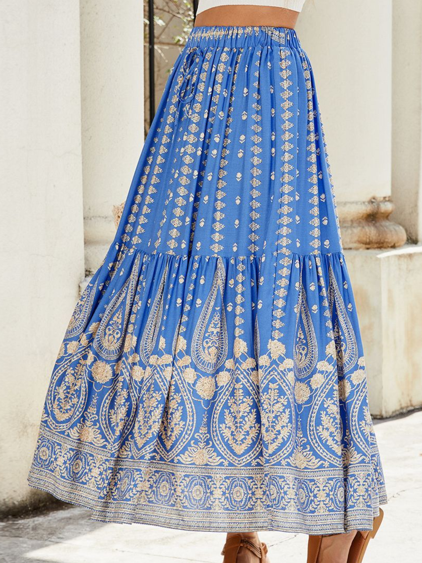 Women's Midi Skirt Exotic Bohemian Full Swing Beach Elastic Waist Pleated Layered Intricate Print Soft Comfortable Warm Fashionable Trendy Vacation Style Summer Daily Beach Date Going Out Women's Wear