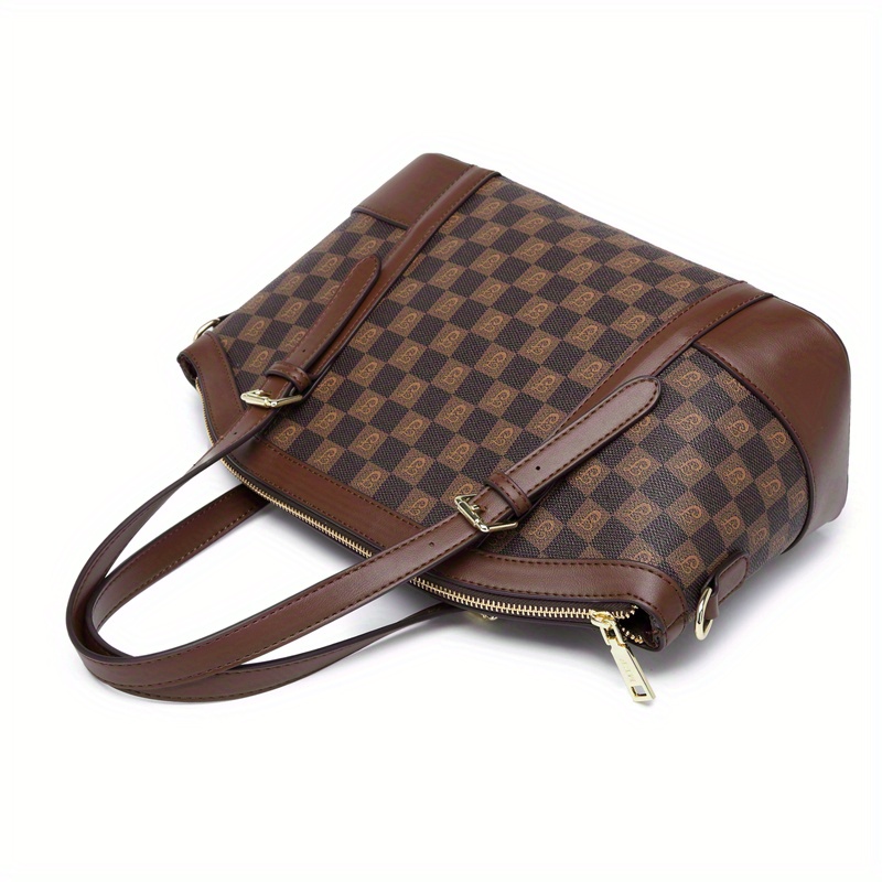 1pc womens genuine handbag modern vintage style with detachable shoulder strap front zipper closure durable metal hardware versatile for handheld crossbody or wrist carry in khaki coffee apricot deep brown crossbody bag checkered pattern bag oil edge detailing Product details 7