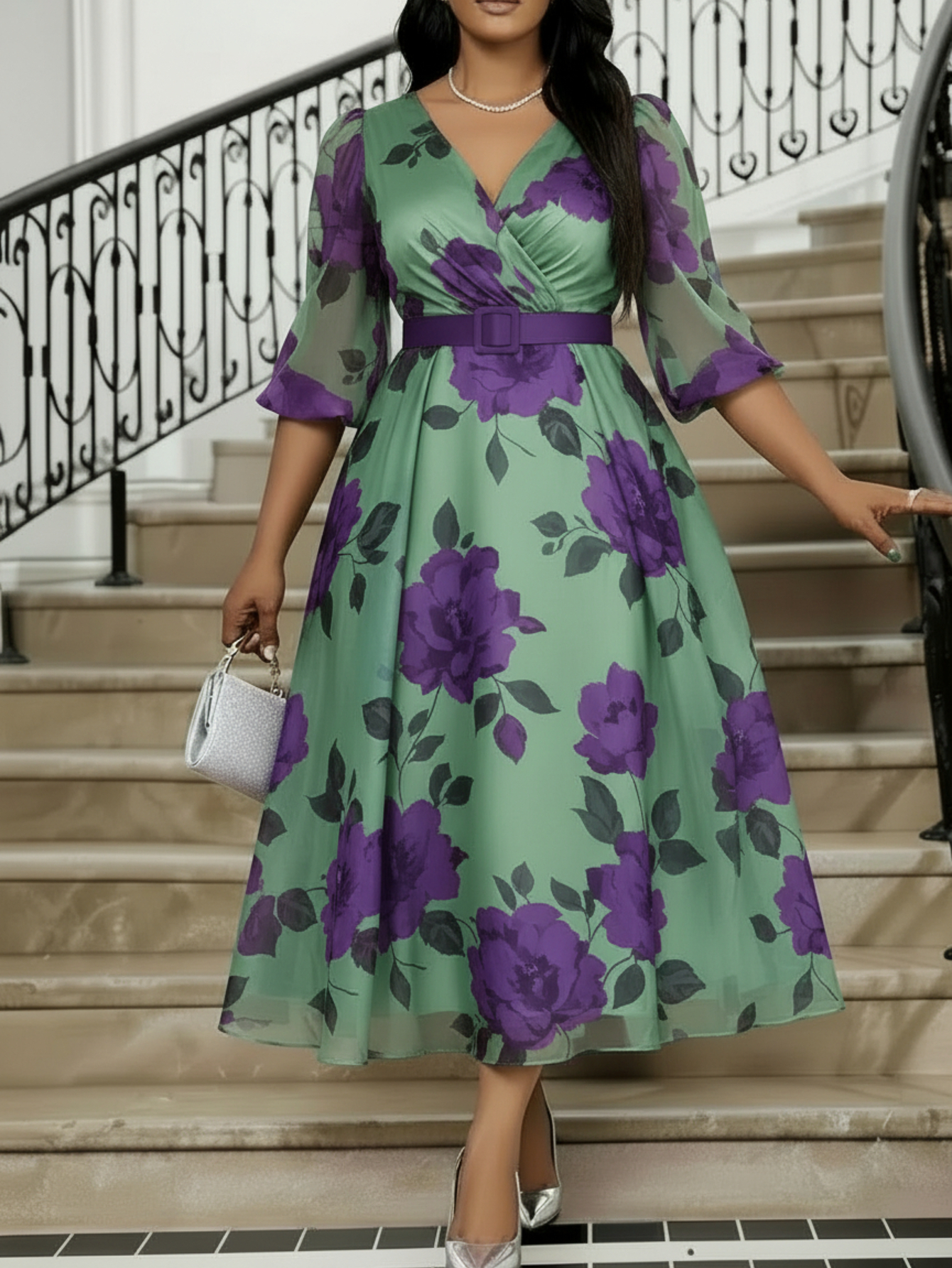 green emerald velvet dress Plunging Neckline Printed Mikado Dress FR 52 / Purple main image 1