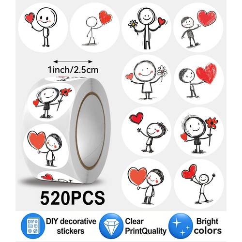 520pcs roll gift wrapping decorative sticker roll pencil drawing heart cartoon pattern birthday wedding party favor tags self sealing stickers strong easy to tear without leaving residue baking dessert bag sealing decoration