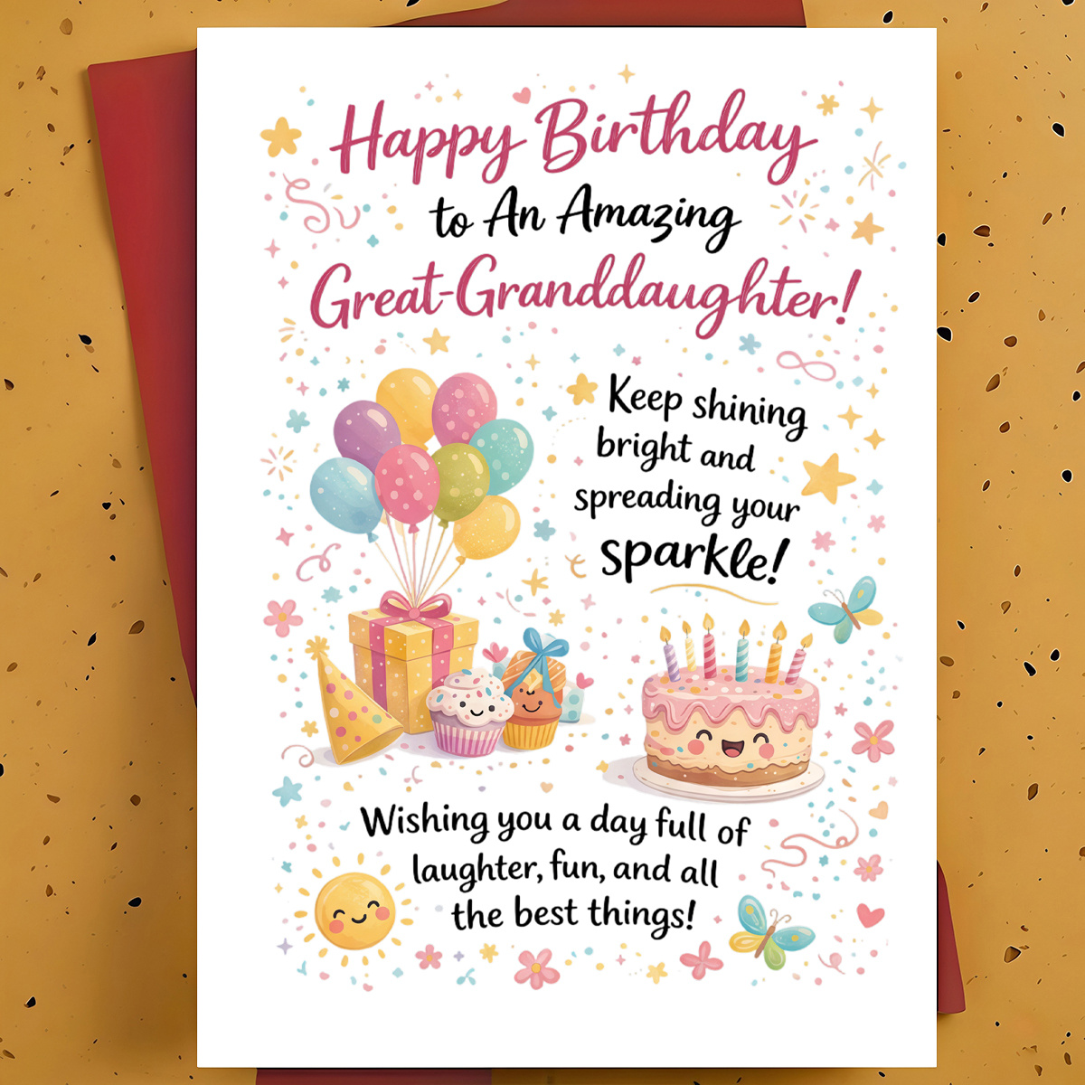 TEMU 1pc Sweet Birthday Greeting Card For Great-granddaughter – Birthday Cake Balloons Gifts Cute Cartoon Hand-drawn Illustration, Warm Card, With