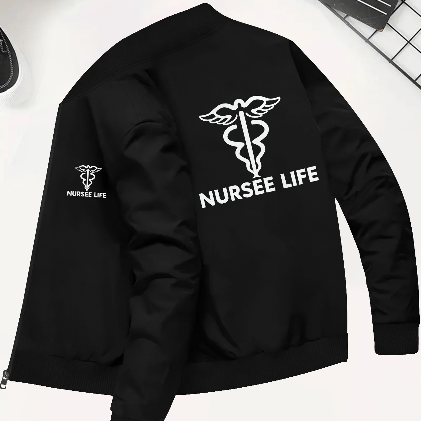 

Men's Casual Nurse Jacket - Stylish Black Zip-up With Winged Medical , Cuffs, And Pockets, Fall/winter