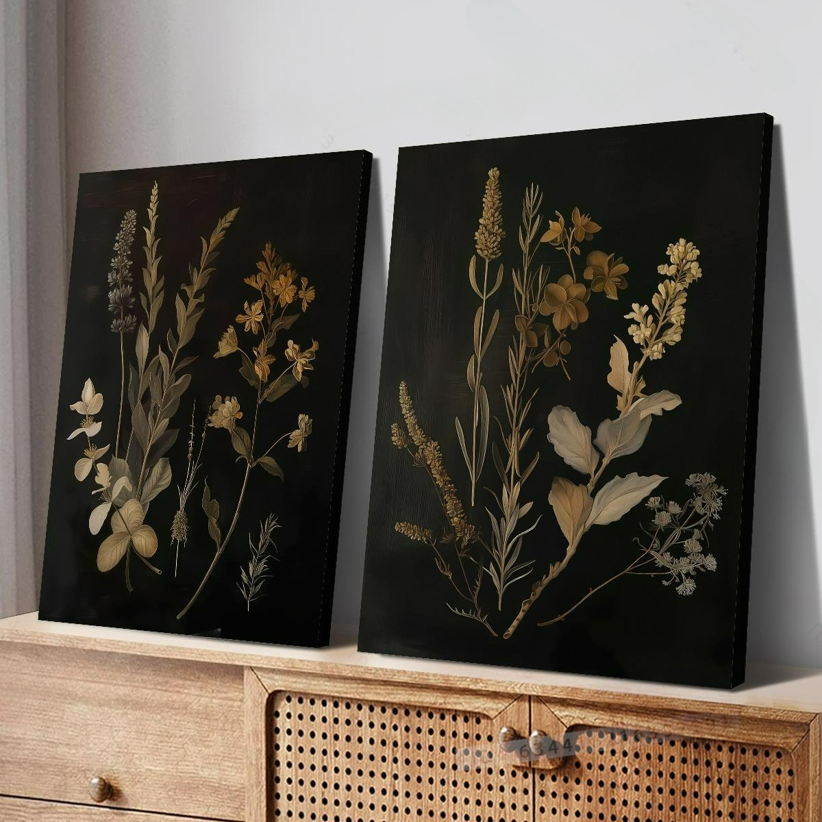 TEMU 2pcs Vintage Minimalist Botanical Floral Canvas Wall Art Prints | Dark Muted Tones, Brown, Green - Wrapped Canvas Framed Poster For Living Room,