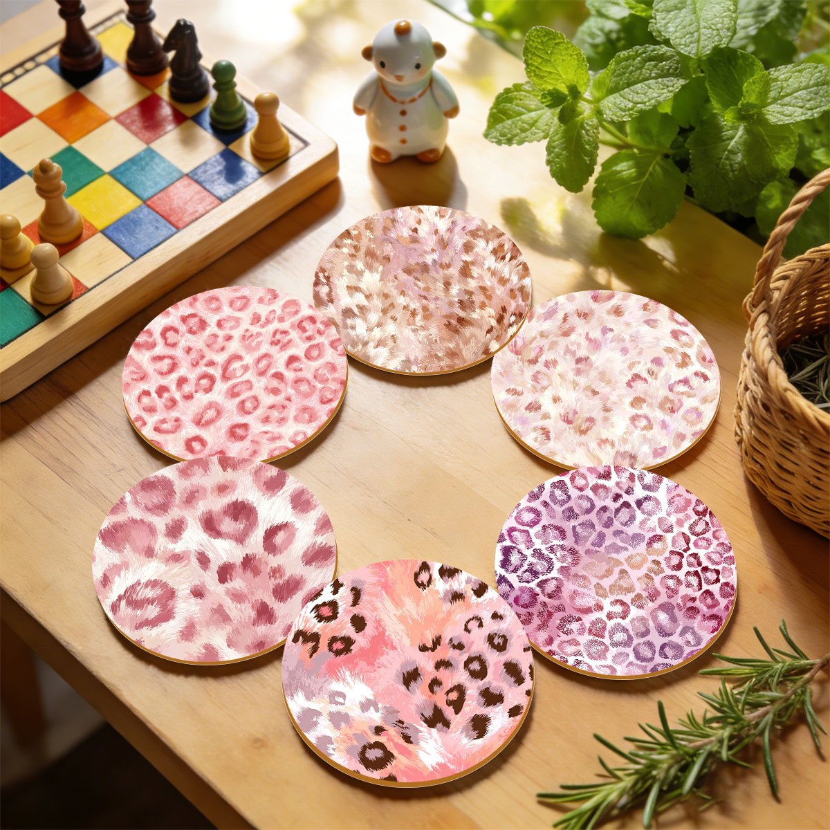 TEMU 6pcss Wooden Round Coasters, Pink Leopard Print Table Hot Pads, 2d Flat Home Coffee Cup Tea Cup Anti-slip Mats, Living Room Coffee Table Dining